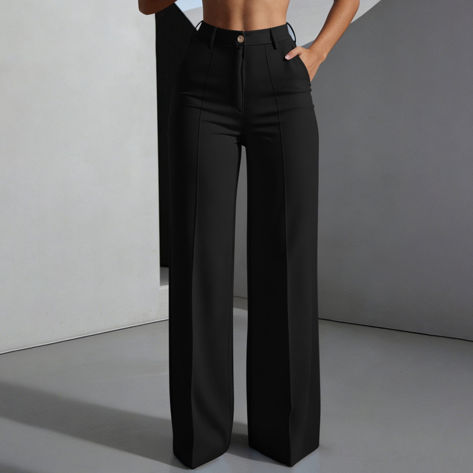 即日発送可【S】ブラックHigh waist check pants Womens Business Casual Slacks High Waisted Wide Leg Pintuck Dress