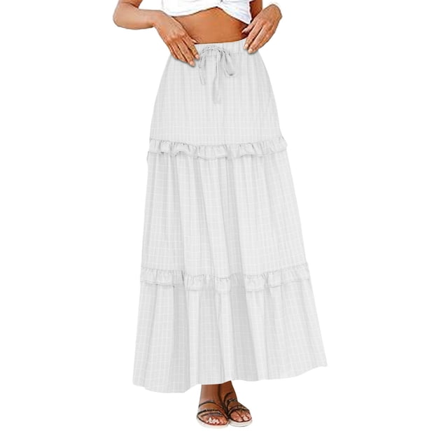 Bowake Boho Skirt for Women Elastic Waist Drawstring Ruffle Tiered A-Line Flowy Beach Vacation Maxi Long Skirts