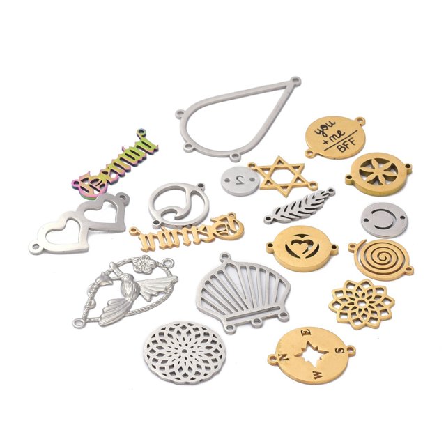 304 Stainless Steel Links Connectors Teardrop & Word & Flat Round & Star & Shell & Flower & Heart & Leaf Mixed Color 10~42x6~32x1~2mm Hole: 0.5~1.6mm