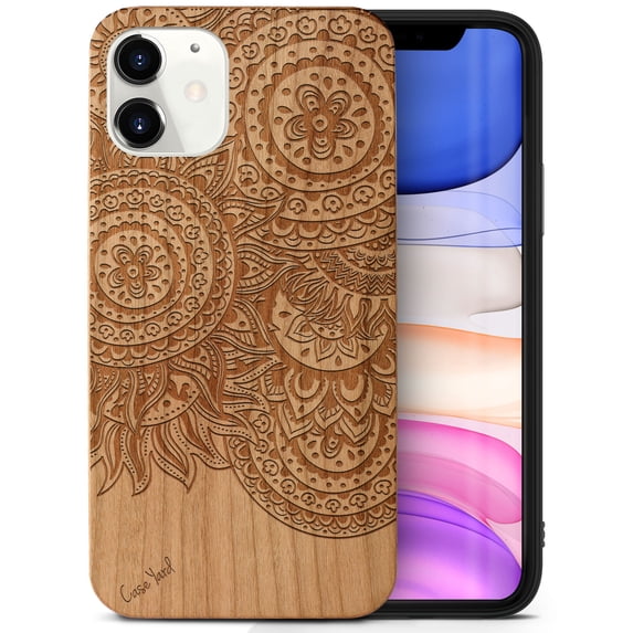 Case Yard Wooden Case Outside Soft TPU Silicone, Slim Fit Shockproof Wood Protective Phone Cover for Girls Boys Men and Women, Supports Wireless Charging Geo Henna Design case for iPhone-12-Mini
