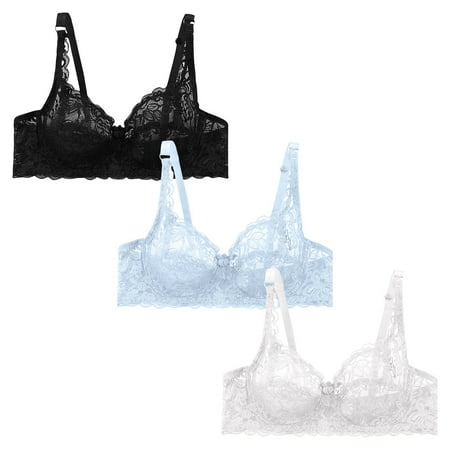 hoadeuw Lace Bras for Women Pack of 3 Push Up Lightly Lined Bra Solid Vest Sexy Top Breathable Underwear Balconette Unlined Underwire Bras