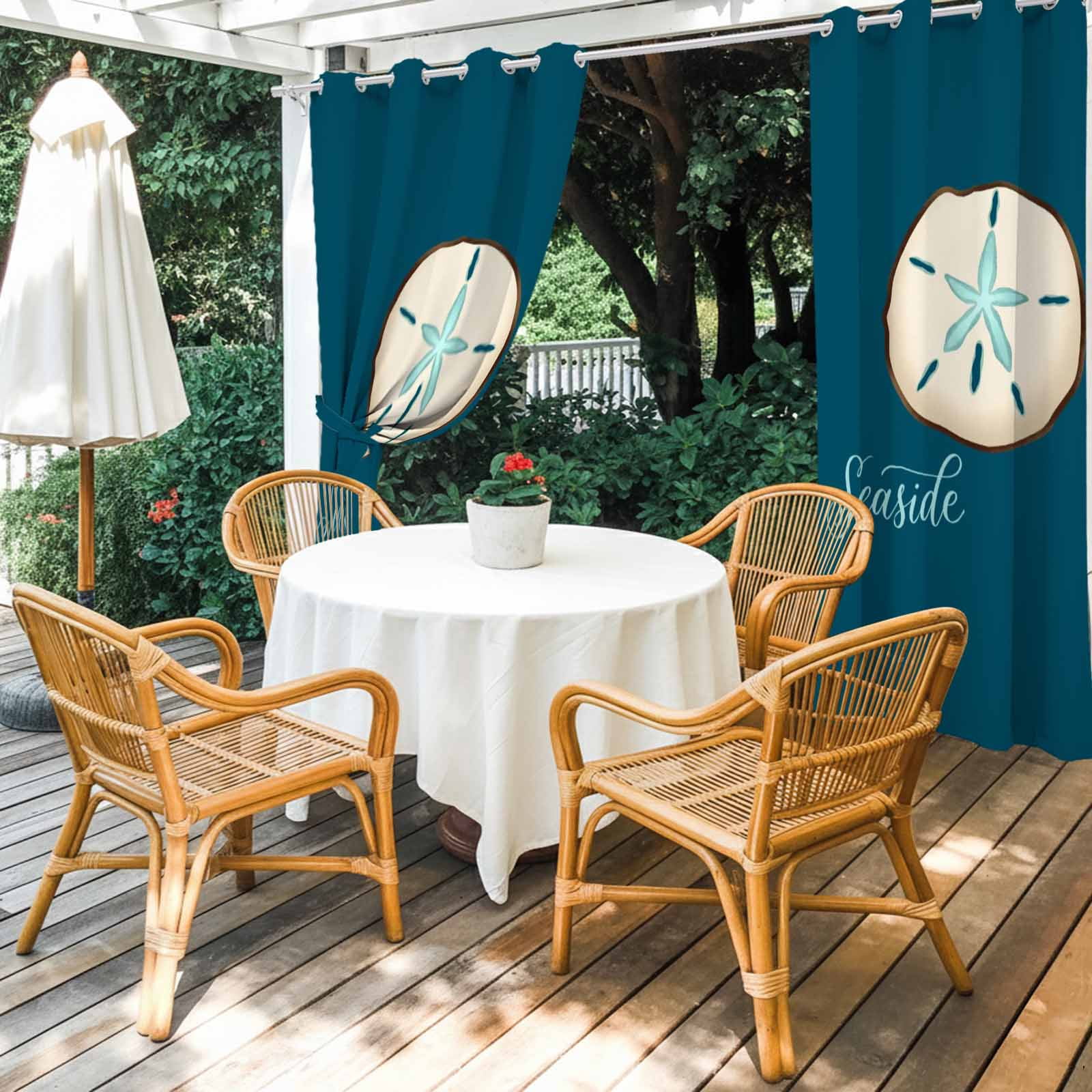 Seaside Shell Outdoor Curtains for Patio, Vintage White Shell Teal Green Texture Sunshade Privacy Drapes Grommet Waterproof Outside Curtains for Porch/Cabana/Balcony 54"x 108", 1 Panel