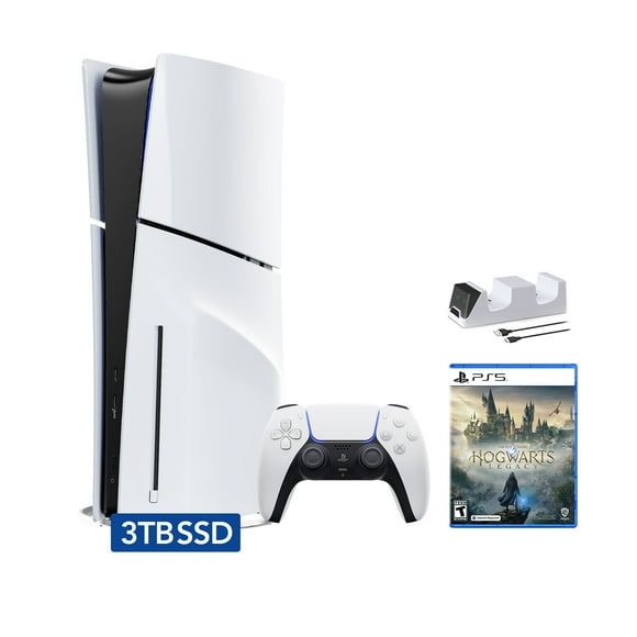 PlayStation 5 Slim Disc 3TB SSD Edition Bundle with Hogwarts Legacy and C-Gamers Dual-Controller Charger - PS5, White