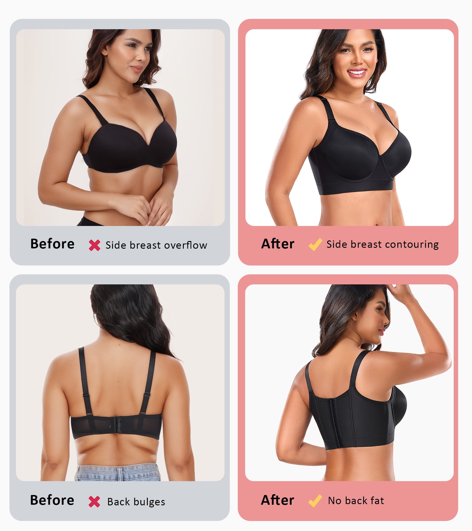 Exerin Women's Push Up Underwire Full Coverage Sculpting Uplift Support Hide Back Fat Bra(38D,Black)