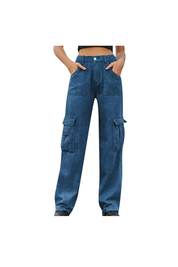 Women's Trendy Cargo Baggy Jeans Elastic Waist Boyfriend Jeans Casual Y2K Wide Leg Denim Pants with Flap Pockets