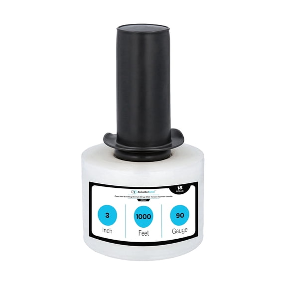 MMBM Clear Mini Hand Stretch Wrap with Spinner Handle 3" x 1000' 90 Gauge 18 Rolls Plastic Shrink Film for Packing