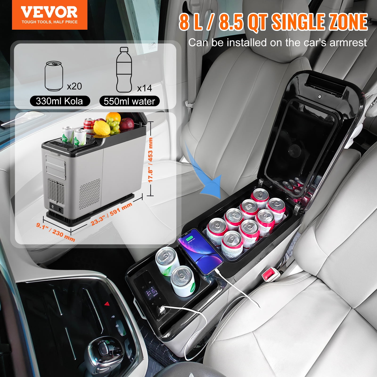 VEVOR Car Refrigerator, 12 Volt Car Armrest Refrigerator Fridge, 15 L Single Zone Portable Freezer, -4℉-68℉ Adjustable Range, 12/24V DC and 100-240V AC Compressor