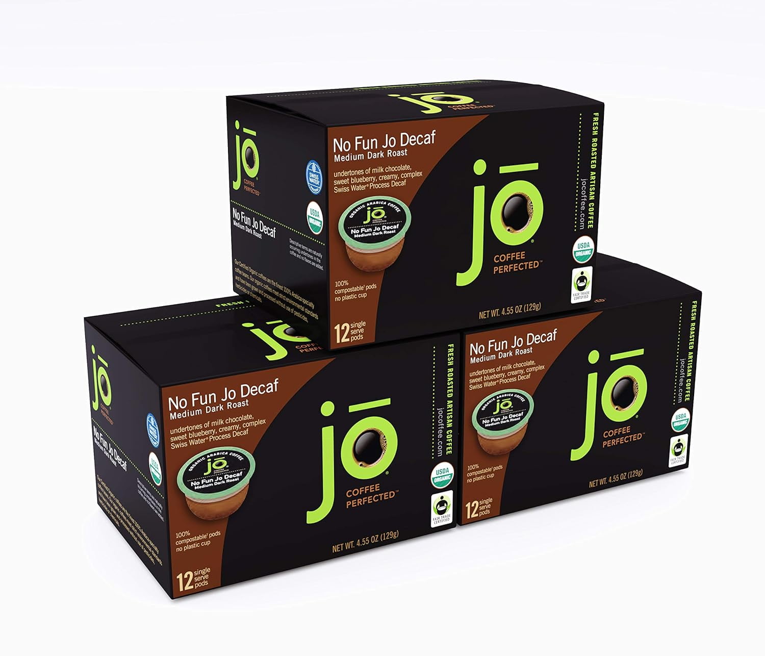 No Fun Jo Decaf: 36 Organic Compostable Pods for Keurig K-Cup Compatible Brewers, Swiss Water Process Single Serve Coffee Medium/Dark Roast Fair Trade