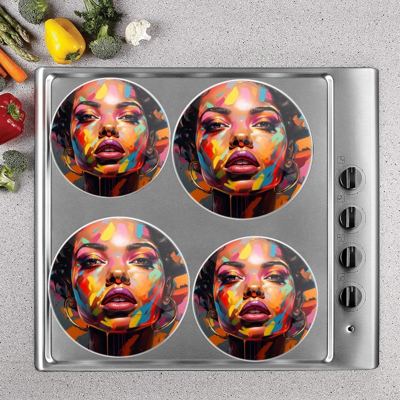 BaHomeck Electric Stove Burner Covers Set of 4,Round Metal Gas Stove Burner Covers 8 Inch and 10 Inch,Kitchen Decor,Beautiful Black Woman With Colorful Makeup Afro Hairstyle