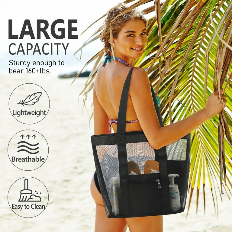 Livhil Beach Bag Mesh Tote Bag Work Lightweight Foldable Beach Tote with  Zipper Pocket for Women Vacation Beach Pool Trip （Black）