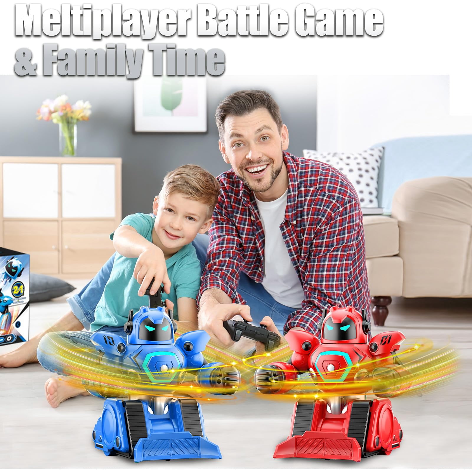 B-Qtech Battle Bots for Kids 2-Player Robot Soccer Set, Remote Control Fighting Robots Toy with Ejecting Heads Pop Off, Light Sound, Red Blue, Age 6+