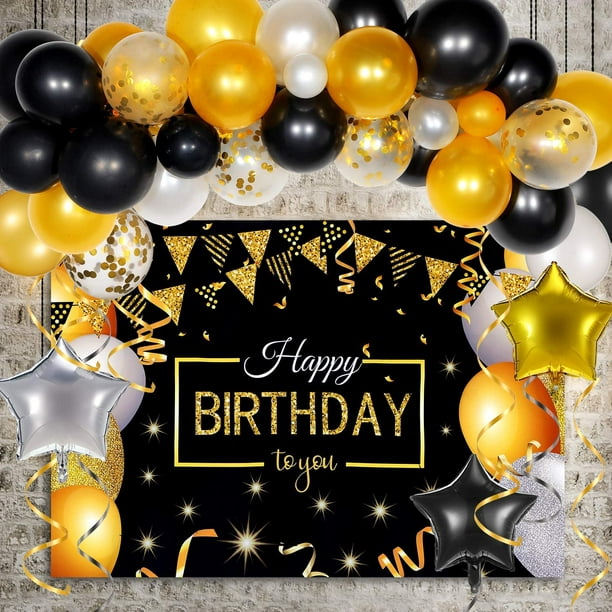 Ballon anniversaire Happy Birthday noir à pois doré et blanc