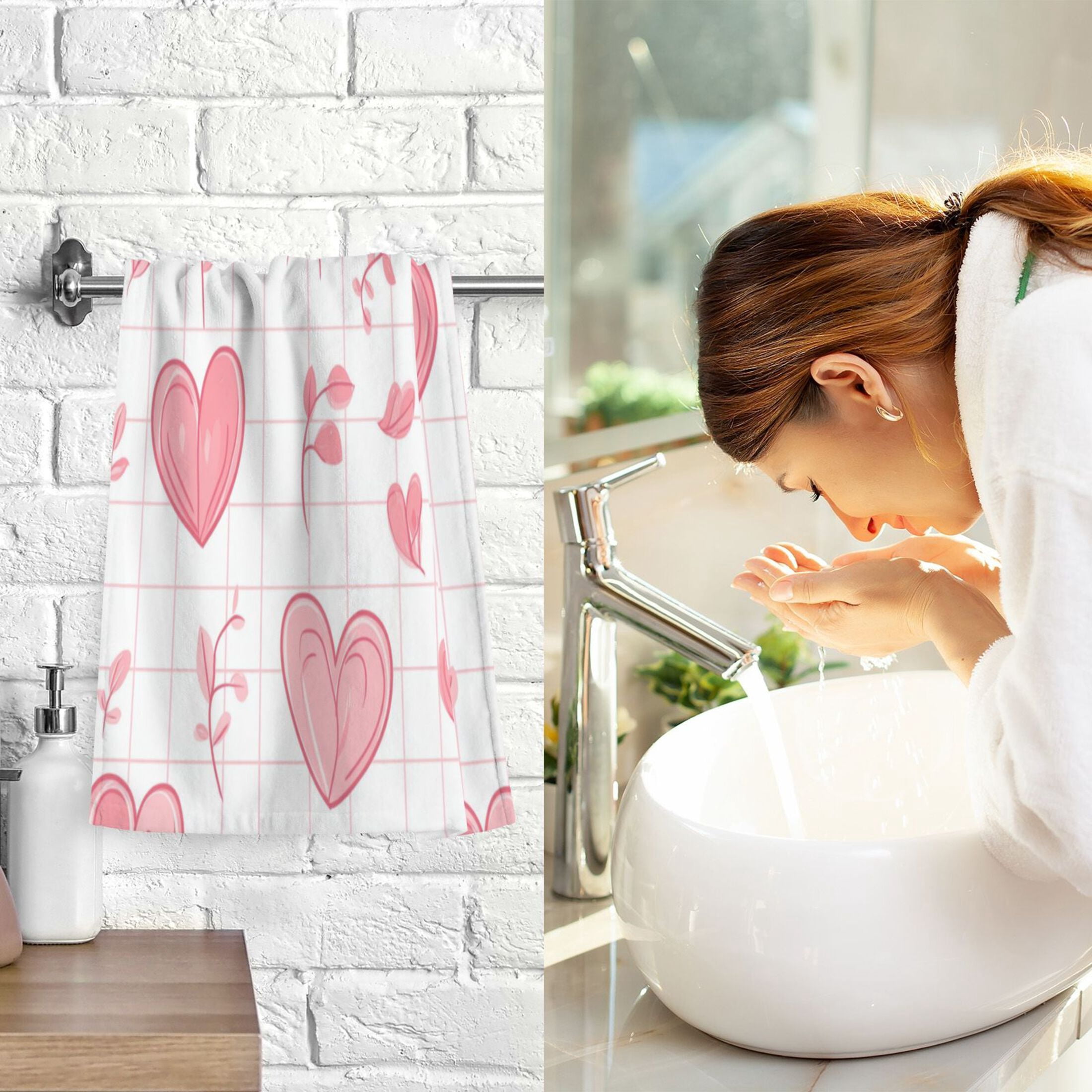 2 Pcs Absorbent Face Towel Bath Hand Towels Soft Breathable Cotton Towel Set for Bathroom Kitchen Hotel Spa Decor Pink Heart