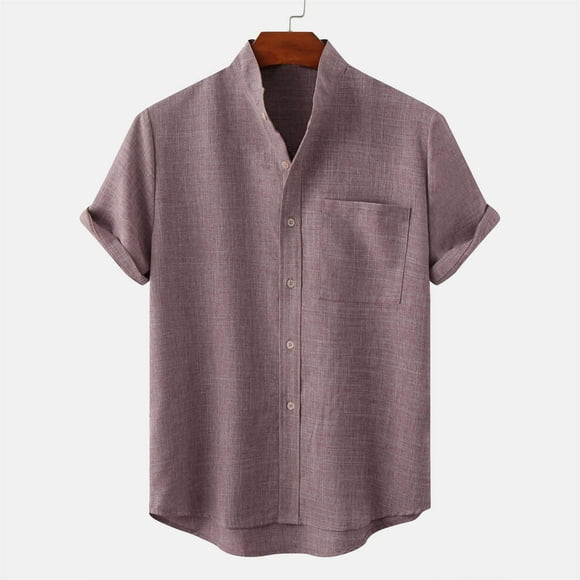 RXIRUCGD Men's Shirts Round Neck Pocket Button Solid Cotton Linen Short Sleeve Shirt Hommes