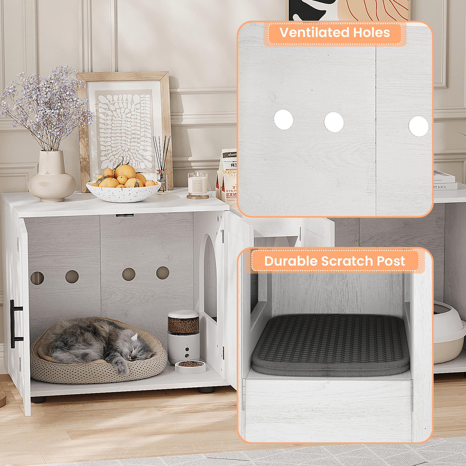 3-in-1Cat Litter Box Enclosure, 55 Inch Large Cat Box Enclosure with Double Rooms, Farmhouse Wooden Cat Washroom, Hidden Litter Box Furniture for Bedroom Living Room