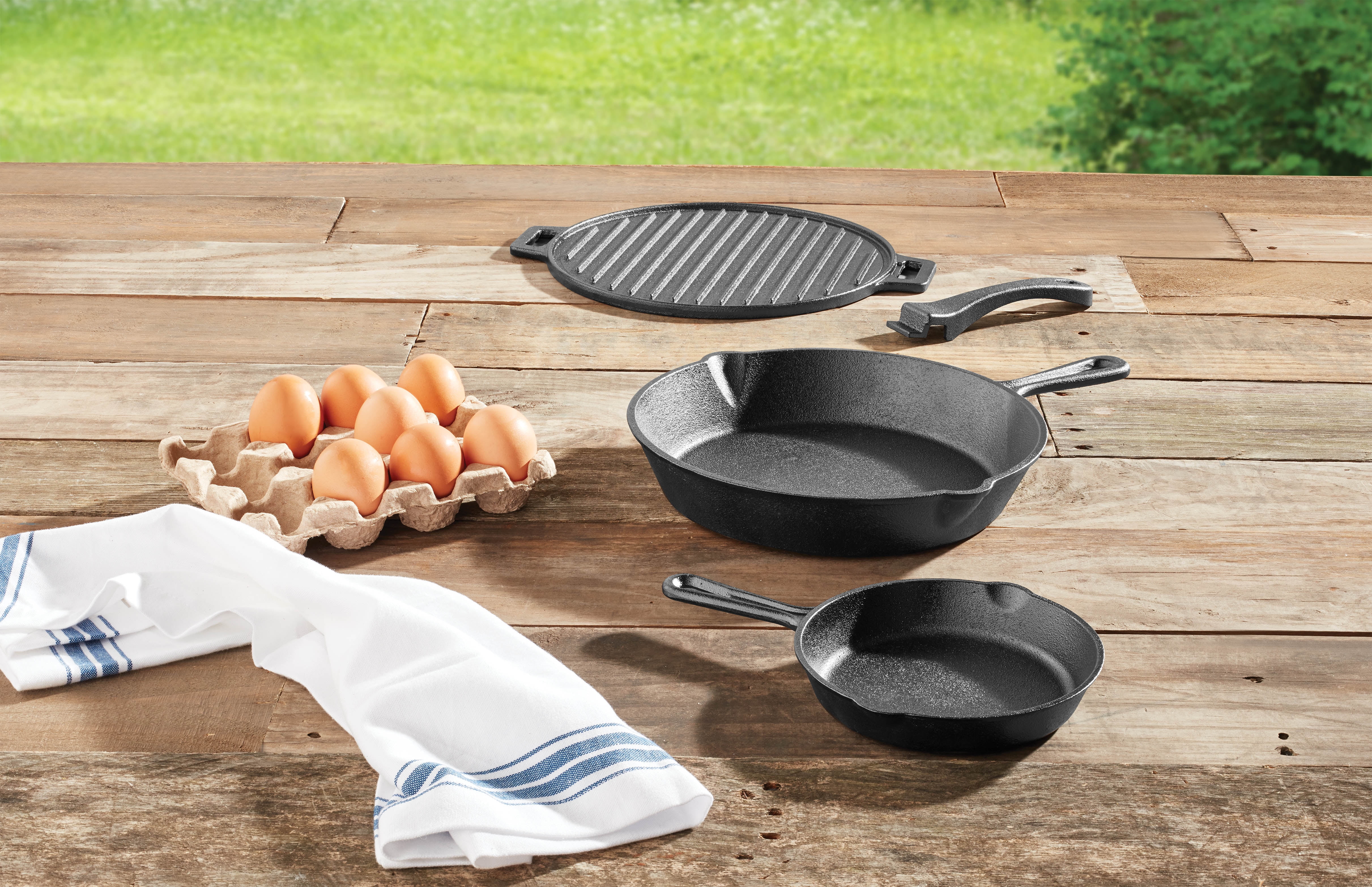 Ozark Trail 4-piece Cast Iron Skillet Set with Handles and Griddle, Pre- seasoned, 6