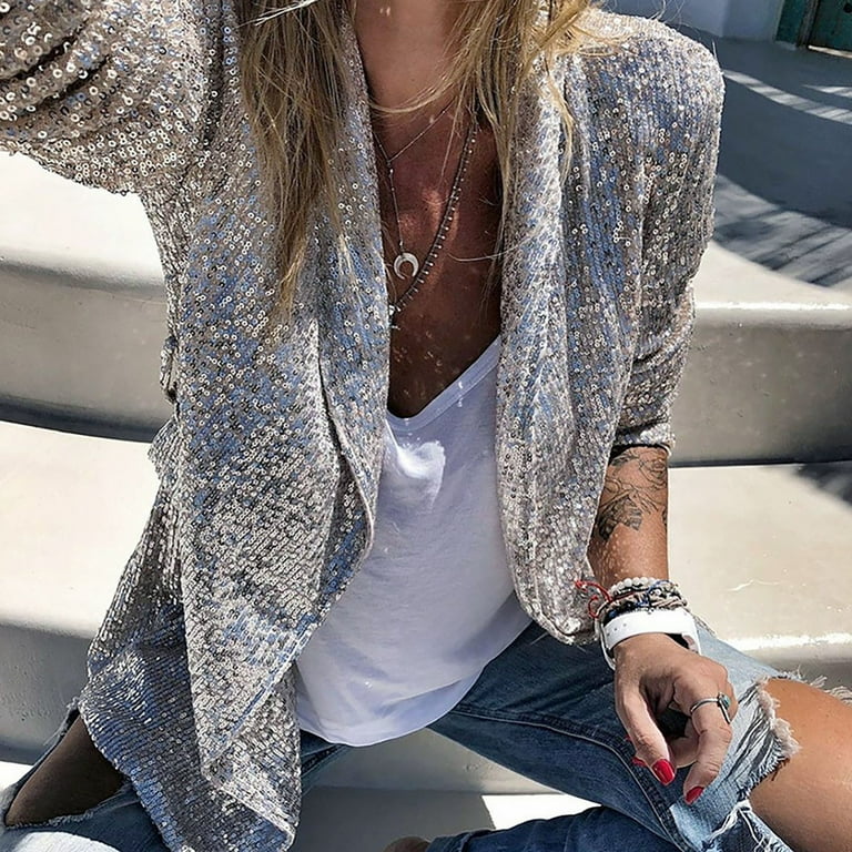 Lroplie Womens Coats Long Sleeve Cardigan Sweaters for Women Sequins Glitter Party Shiny Lapel Rave Outerwear Tops Silver 2023 2XL