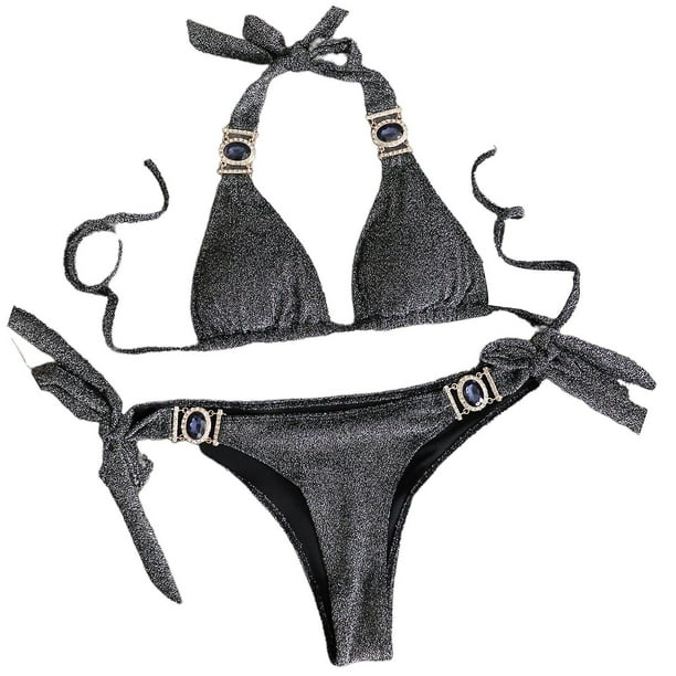 2piece Glitter Swimsuit For Women Sexy Tie Bikini Summer Slim Bathing
