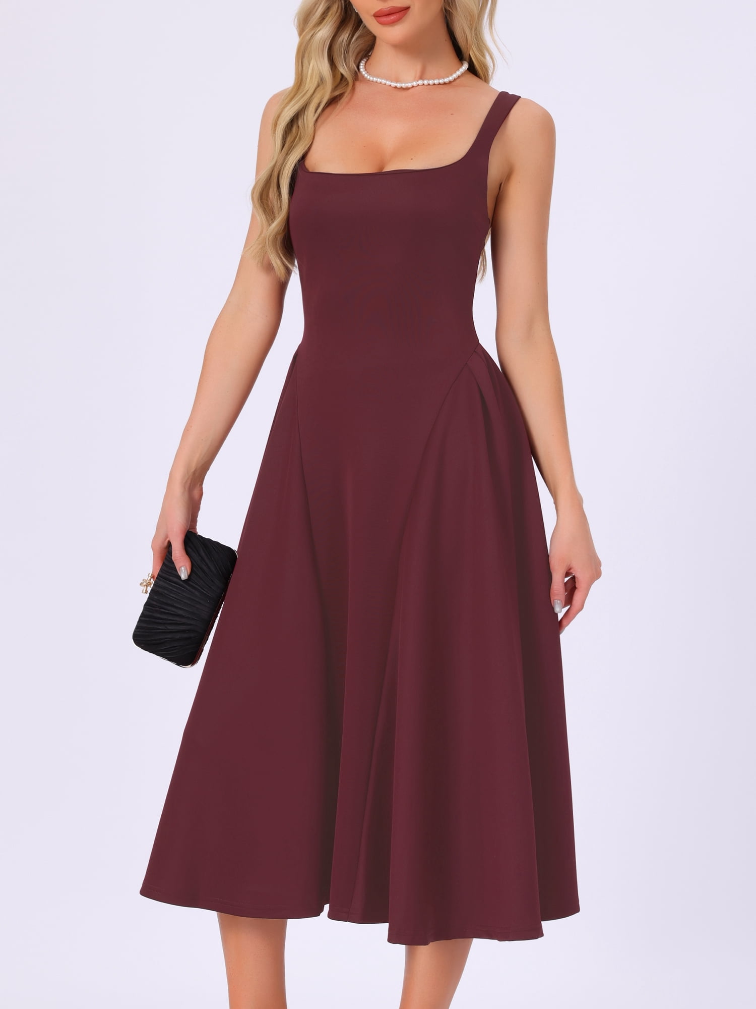 DARING DIVA Women's Sleeveless Square Neck A Line Cocktail Party Dress S Wine Red