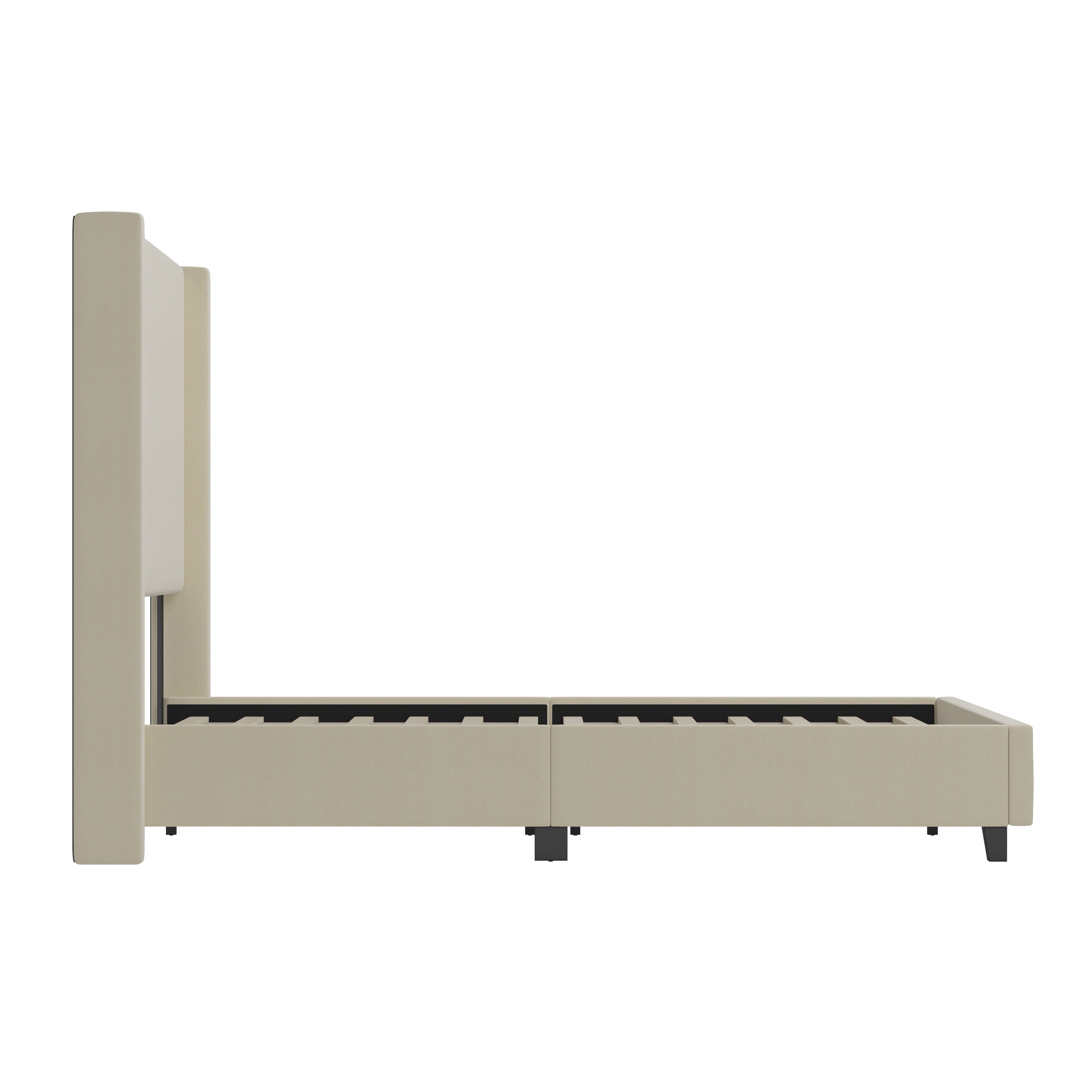 Merrick Lane Modern Platform Bed with Upholstered Wingback Headboard, Queen Size, Beige