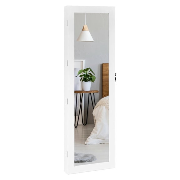 Furnibear Wall Mounted Lockable Jewelry Cabinet with LED Light and Full-Length Mirror for Bedroom Dressing Room to Organize Necklaces and Accessories, White