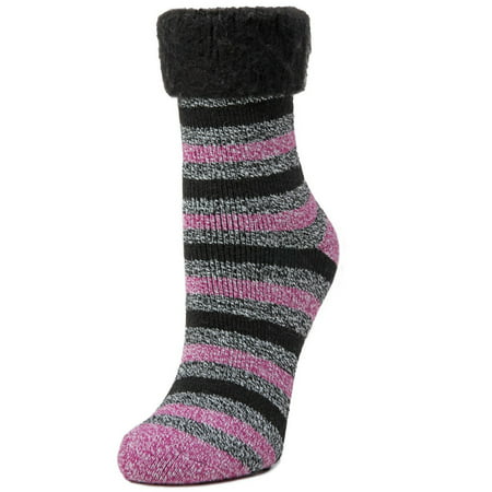 MeMoi Lodge Striped Turn Cuff Crew - Warm Winter Socks for Women by MeMoi One Size 9-11 / Black MF7