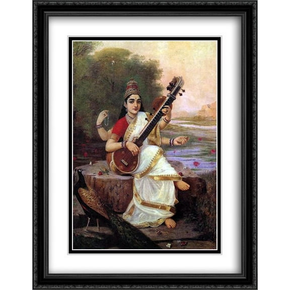 Painting of the Goddess Saraswati 2x Matted 28x36 Large Black Ornate Framed Art Print by Ravi Varma, Raja