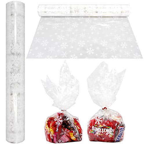 Choose length Christmas cellophane CLEAR with gold & silver snowflake design 