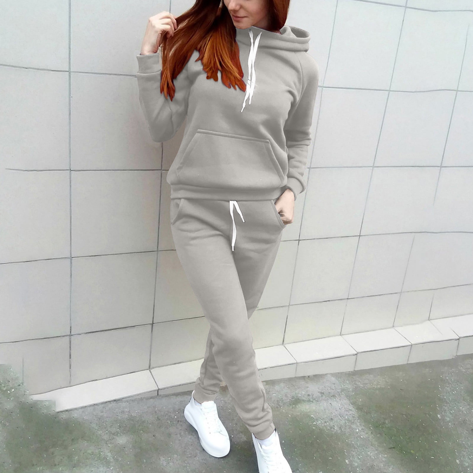 YUGYXL Women 2 Piece Sweatsuits Matching Sweat Sets for Women Comfy Thin Fleece Hood Sweatshirt Waist Stretch Sweatpants Solid Color Sportwear Suit Gray,L
