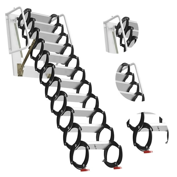 10FT Al-Mg Alloy Attic Pull Down Loft Ladder Stairs - 12 Step Wall Mounted Collapsible Attic Stairs Pull Down System 1300LBS Capacity Foldable Attic Ladders with Armrests