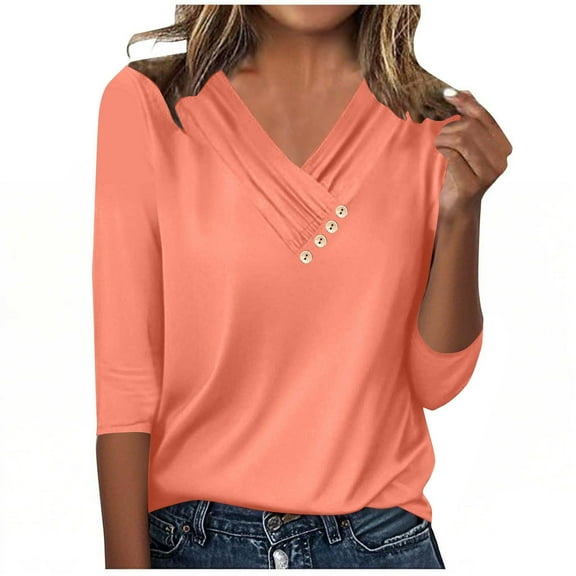 FAIWAD Blouses for Women Dressy Casual 3/4 Length Sleeve V Neck Button Plain Shirts Business Work Loose Basic T Shirt