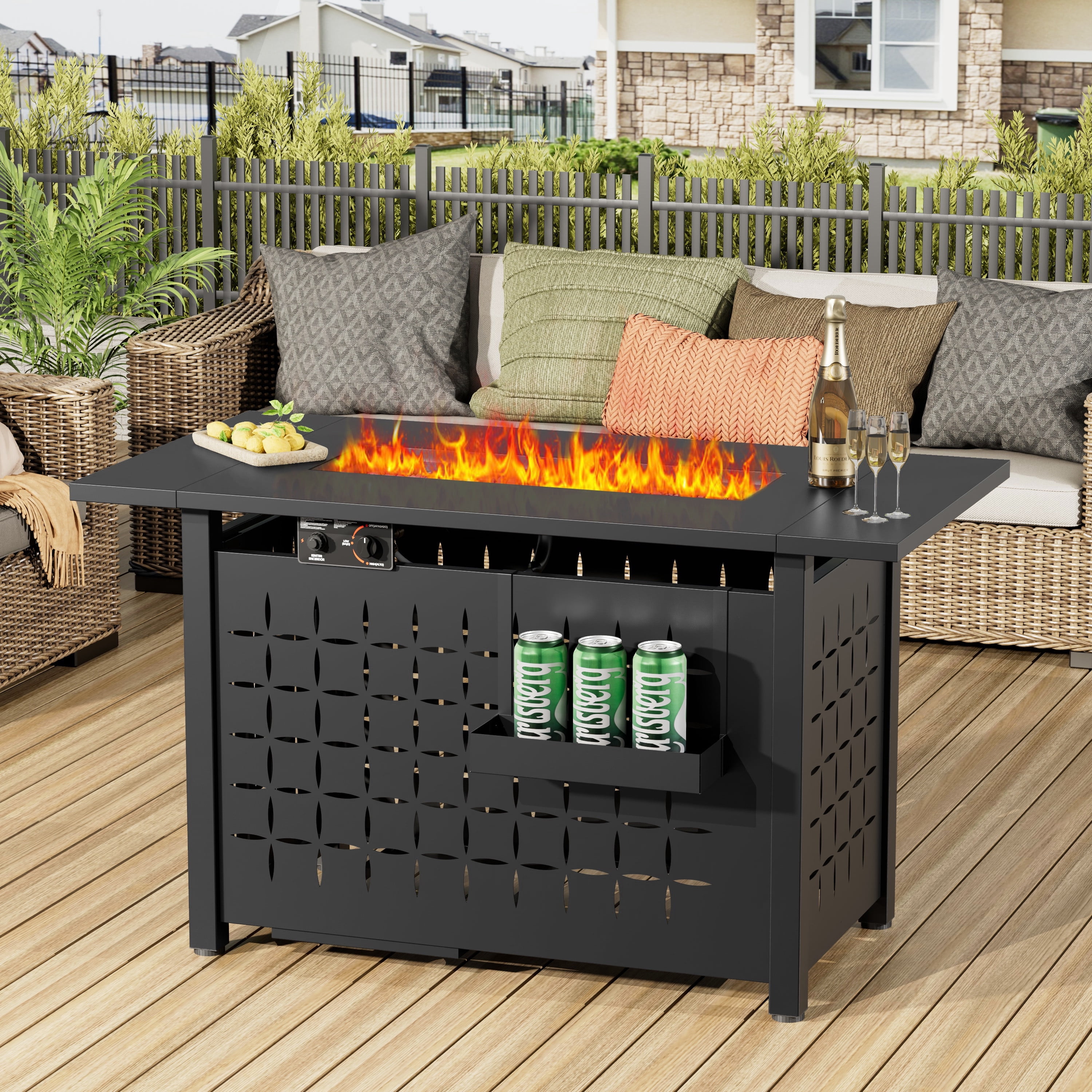 SEGMART 43'' Propane Fire Pit, 60,000 BTU Auto-Ignition Gas Fire Pit Table, Outdoor Fire Tables with Hanging Basket, Lid and Lava Rock for Outside, Garden, Backyard