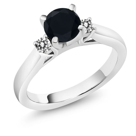 Gem Stone King 925 Sterling Silver Black Onyx and White Diamond 3-Stone Engagement Ring for Women (0.93 Cttw, Round 6MM, Gemstone December Birthstone, Size 8)
