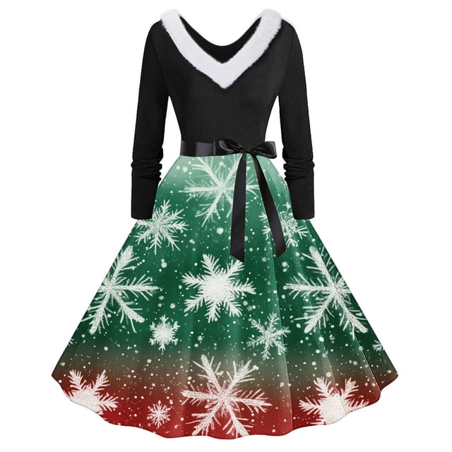 TIMIFIS Robes de Noël pour Femmes, Robes Maxi pour Femmes Robe Vintage de Vacances Manches Longues Col en V en Fourrure Robe Dos Nu