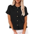 thumbnail image 4 of Ashirexll Short Sleeve Shirts for Women, Fashion Solid Color Casual Lapel Button Top with Elastic Rope Short Sleeve, 4 of 7