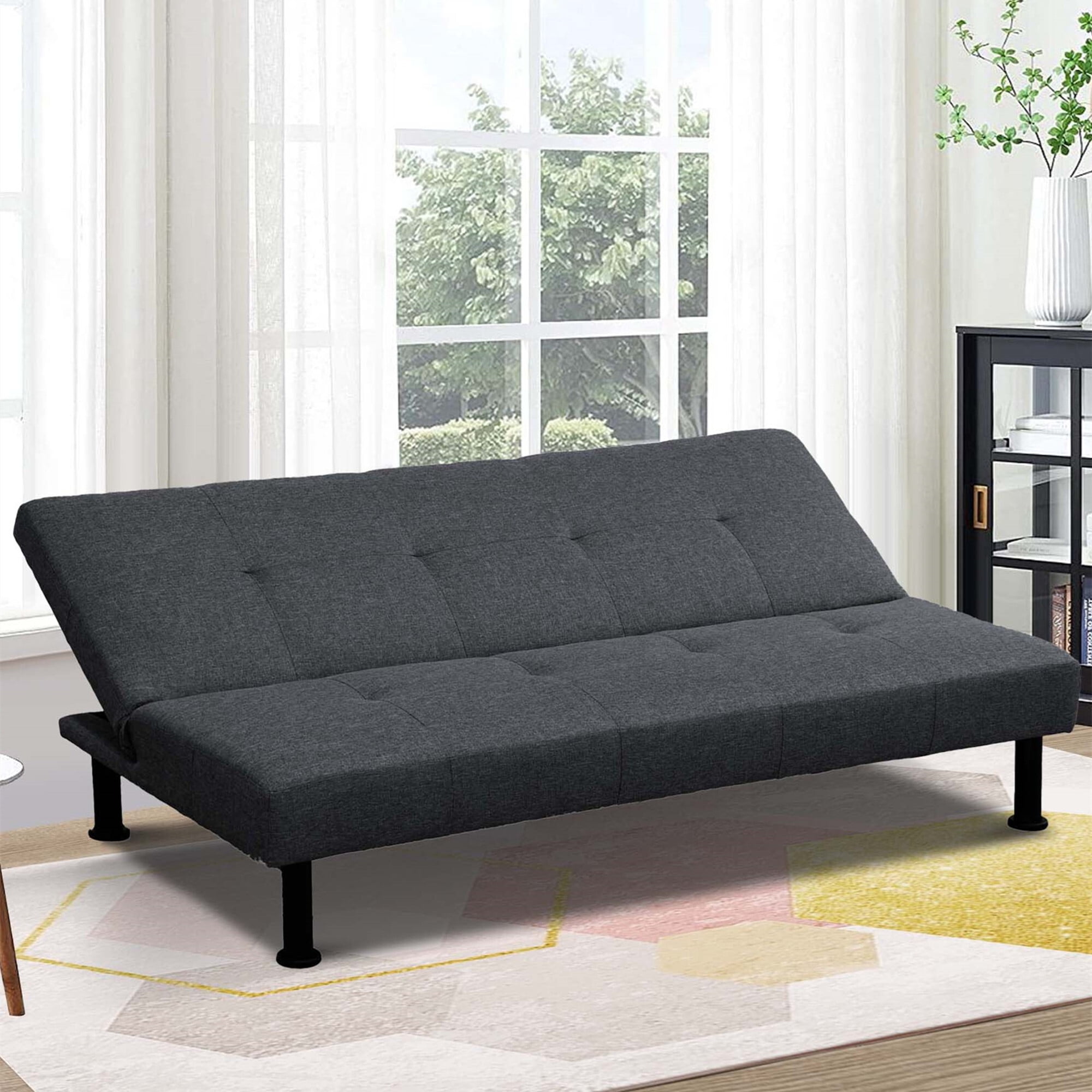 Aukfa Modern Futon Convertible Sofa Bed for Home Office, Tufted Back, Linen, Black Gray