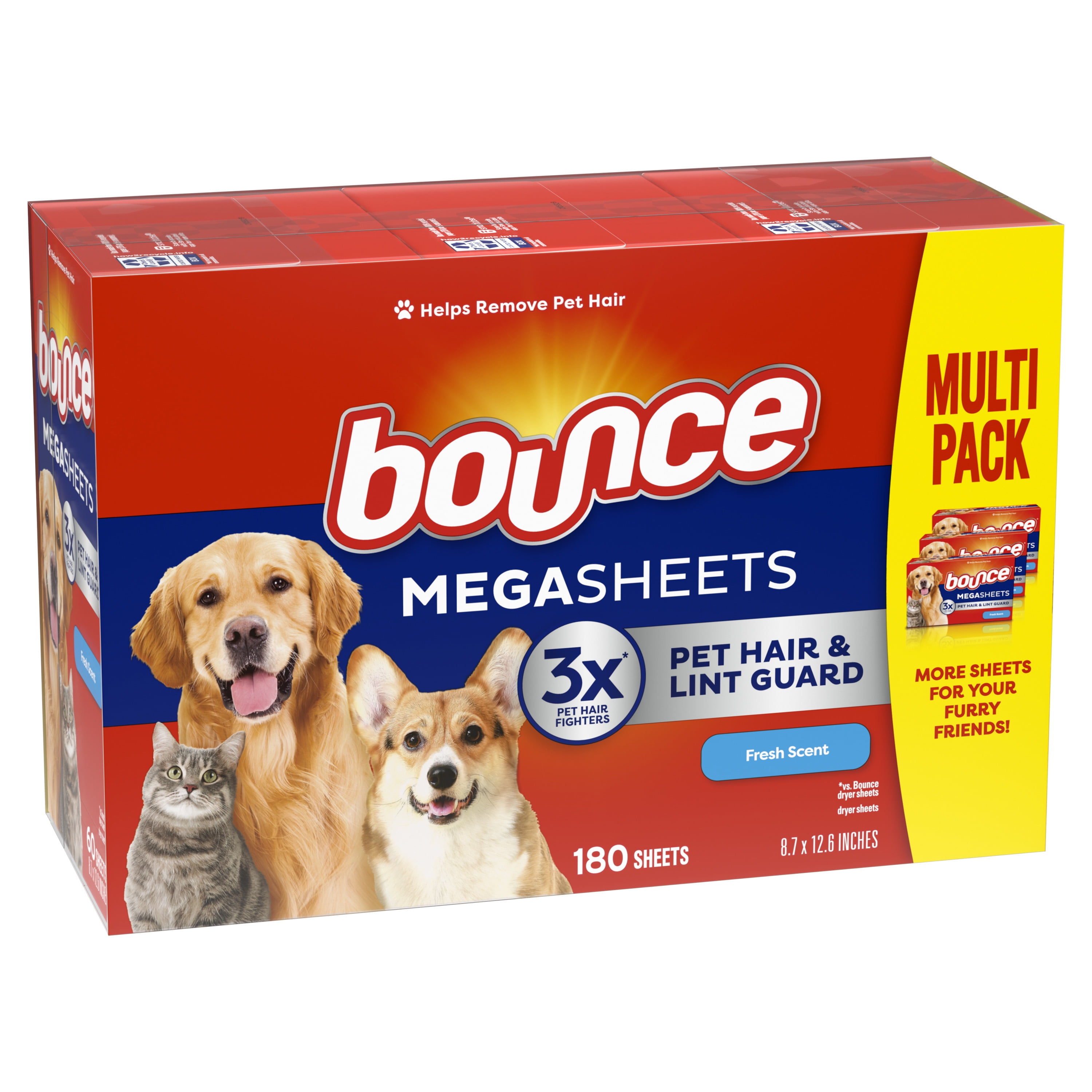 (2 pack) Bounce Pet Hair and Lint Guard Mega Dryer Sheets with 3X Pet Hair Fighters, Fresh Scent, 180 Count