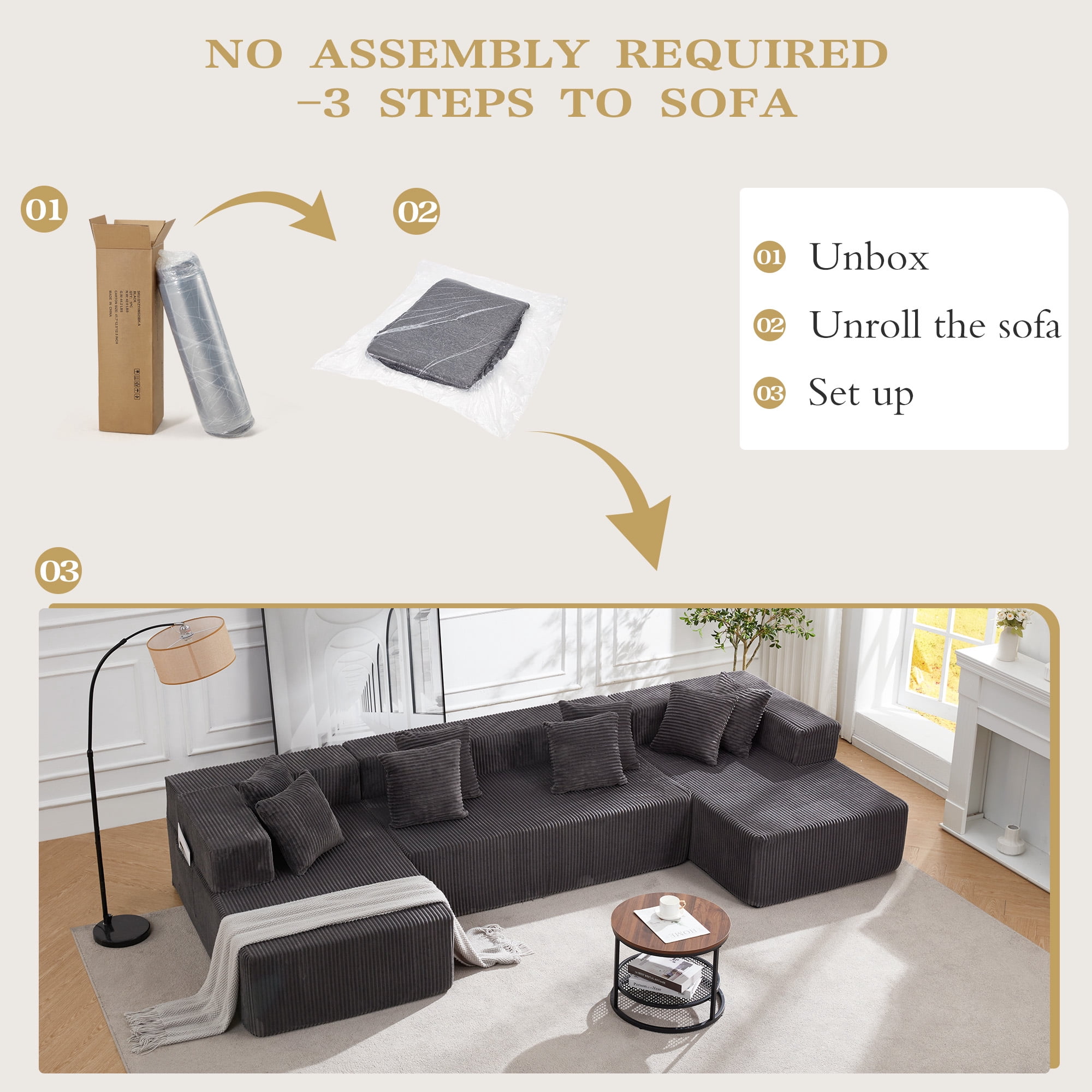 Vicluke 131" Boneless Memory Foam Sofa with Chaise Lounge, Comfy Corduroy Fabric Modular Sectional Couch, U-Shaped Sofa for Living Room & Apartment, No Assembly Required (Gray)