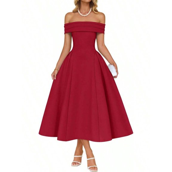 Red Off Shoulder A-Line Midi Cocktail Dress For Women Evening Party Wedding