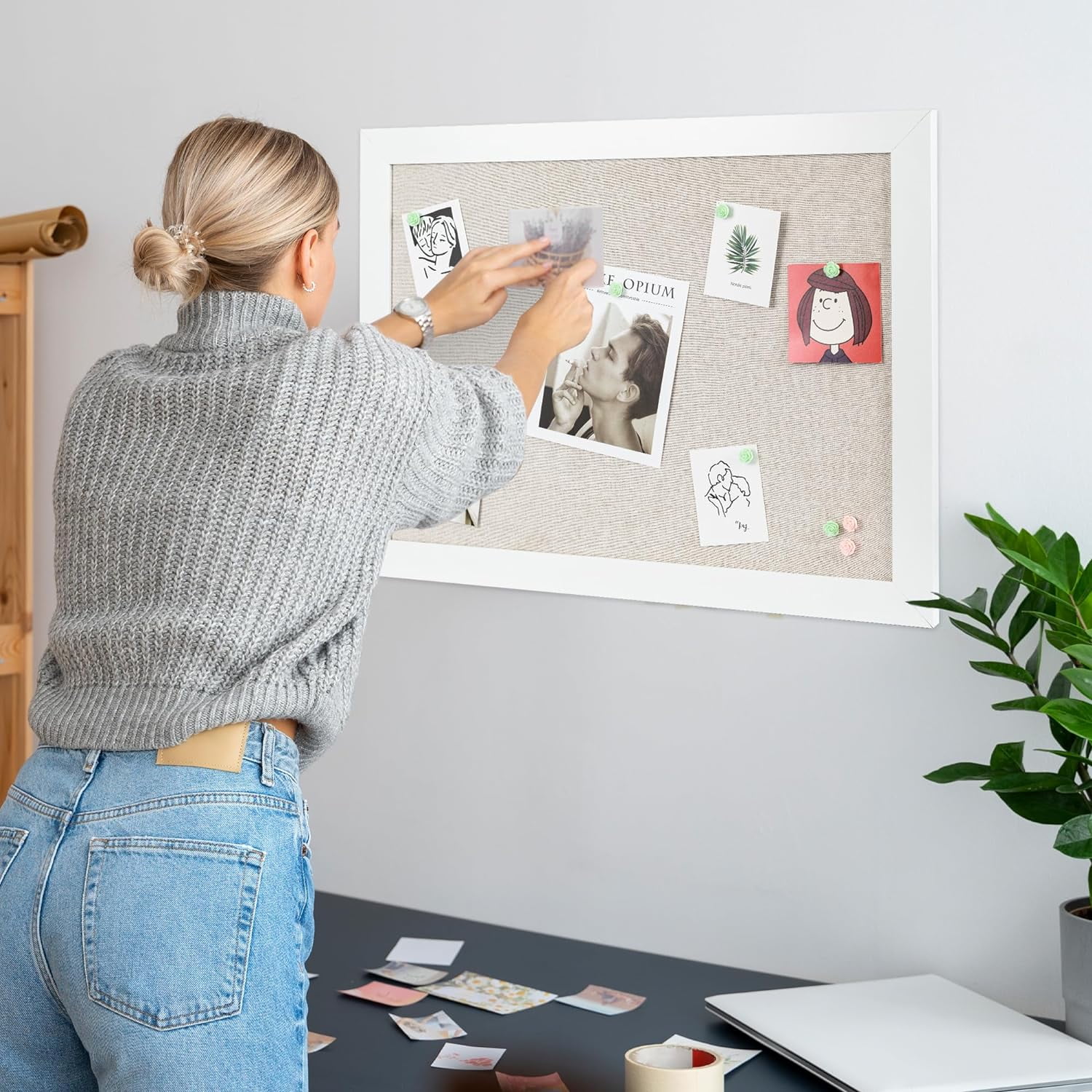 48" x 32" Bulletin Board with Linen Wooden Frame Cork Board with 20 Pushpins, Wall and Office Decor for School, Home & Office, White