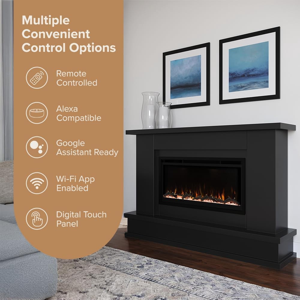 Modern Ember Patton 64" Black Mantel Electric Fireplace Package, 42" Firebox, 5 Flame Colors, 10 Ember Bed Colors, Log & Crystal Kits, Alexa/Wi-Fi Enabled