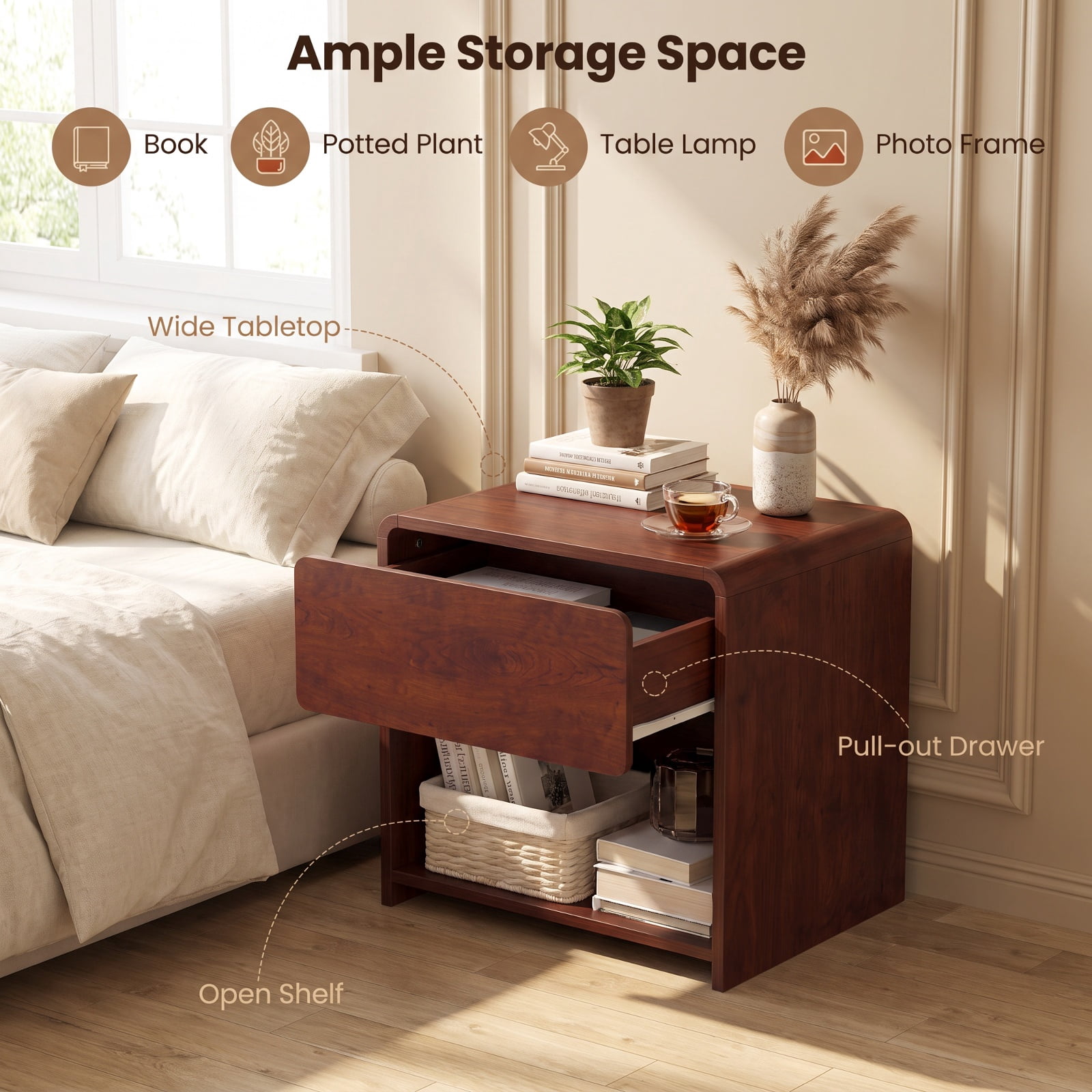 Furnibear 2-Tier Modern Style Nightstand with Drawer and Open Shelf for Bedroom for Bedroom Living Room Bedside Sofa Side Small Space, Walnut