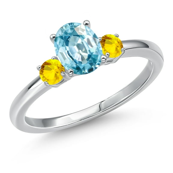Gem Stone King 14K White Gold Blue Zircon and Yellow Sapphire Engagement Ring for Women | 1.52 Cttw | Oval 7X5MM | Gemstone Birthstone | Size 6