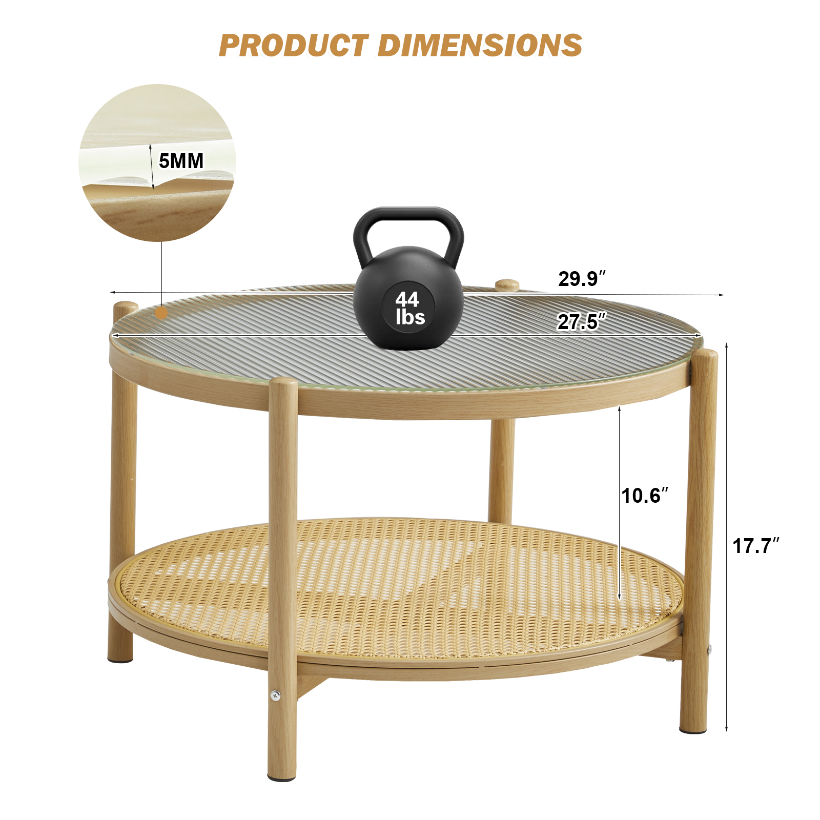 COSVALVE 2 Tier 27.5" Boho Rattan Round Glass Coffee Table