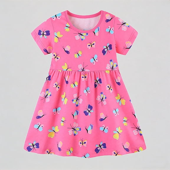 REDARER Toddler Girls' Short Sleeve Butterfly Print Dress, Cotton A-Line Sundress, Summer Casual Dance Party Princess Dress for Kids,5-6 Years