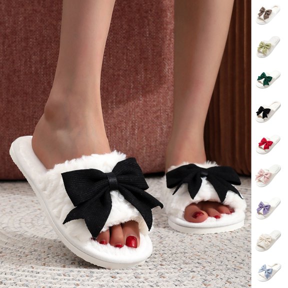 Women Bow Fuzzy Open‑Toe Slide Slippers, Soft Fluffy Plush Indoor House Shoes, Warm Non‑Slip Flat Sole Bedroom Slipper