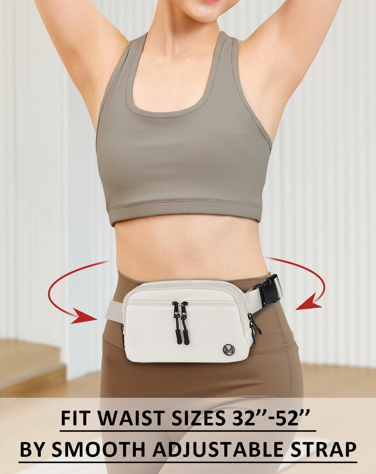 Mokzer Fanny Pack 2L Belt Bag Crossbody Waist Bag for Women Men with Adjustable Strap, 5-Zipper Pockets Waterproof Fanny Packs for Travel Running Hiking Beige
