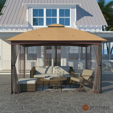 Mondawe Outdoor Patio Gazebo 10'x12' Iron Pole & Polyester Top,Gazebos Party Tent Shelter with Double Roofs and Privacy Netting for Backyard,Lawn, Khaki