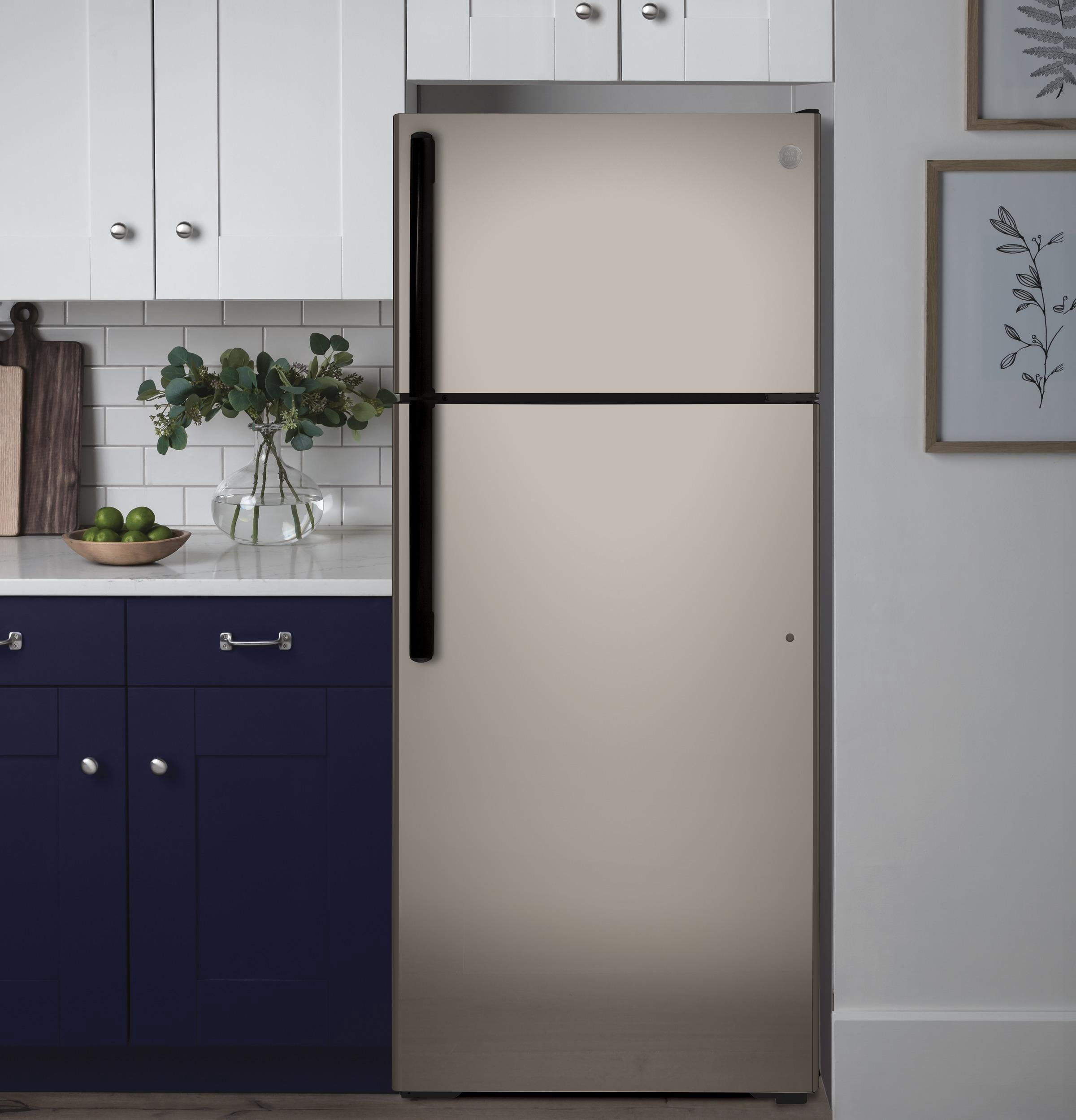 GE Appliances Energy Star 17.5 cu. ft. Top-Freezer Refrigerator model GTE18DCNRSA in Silver.