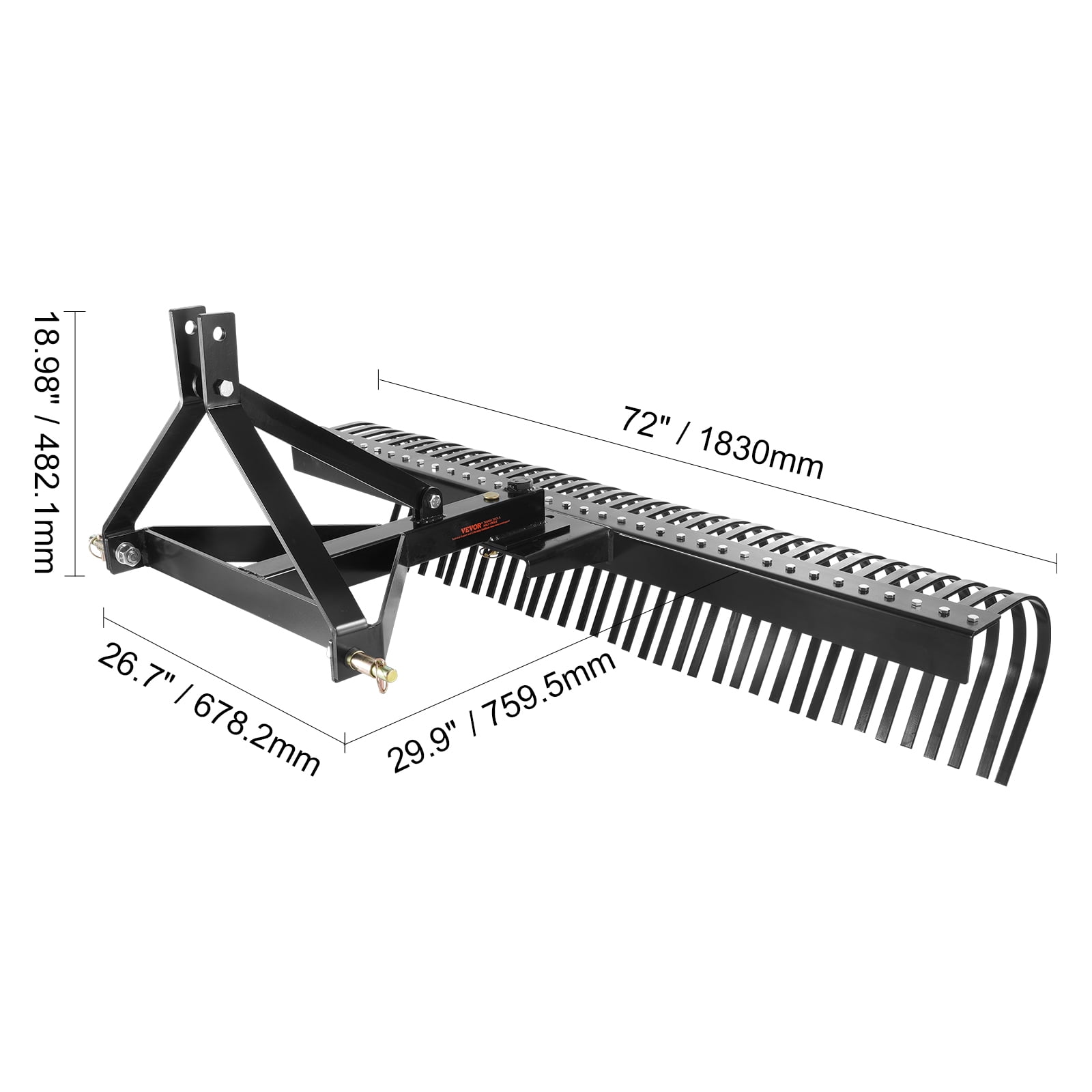 VEVOR Tow Behind Dethatcher, 72-inch Tow Dethatcher with 36 Steel Tines, 3-Point Lawn Dethatcher Rake with Attachments for Tractor, Landscape Rake for Garden, Farm, Grass